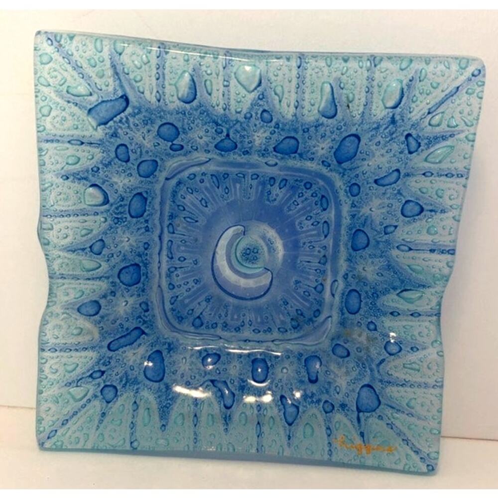 VTG Higgins Glass Fused Glass Art Ashtray Aqua/Blue 4" signed